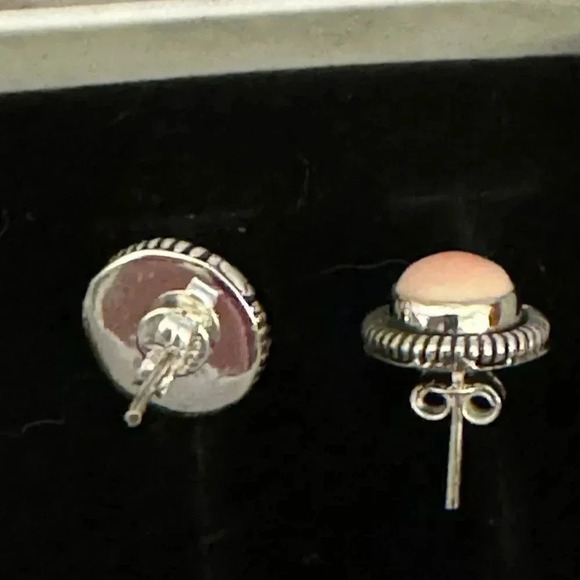 Light Pink Stone Halo Sterling Silver .925 Stamped Round Earrings - Picture 3 of 3